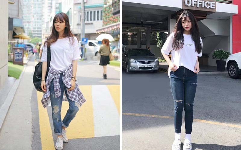 Áo thun phối với quần jean, giày thể thao và balo