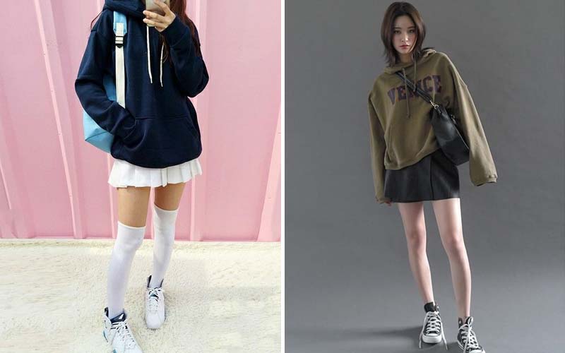 Áo hoodie, chân váy và giày thể thao