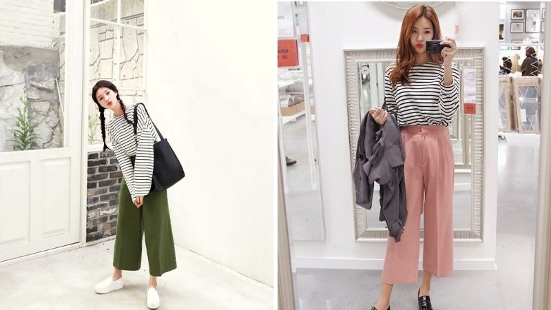 Áo thun kẻ ngang và quần culottes