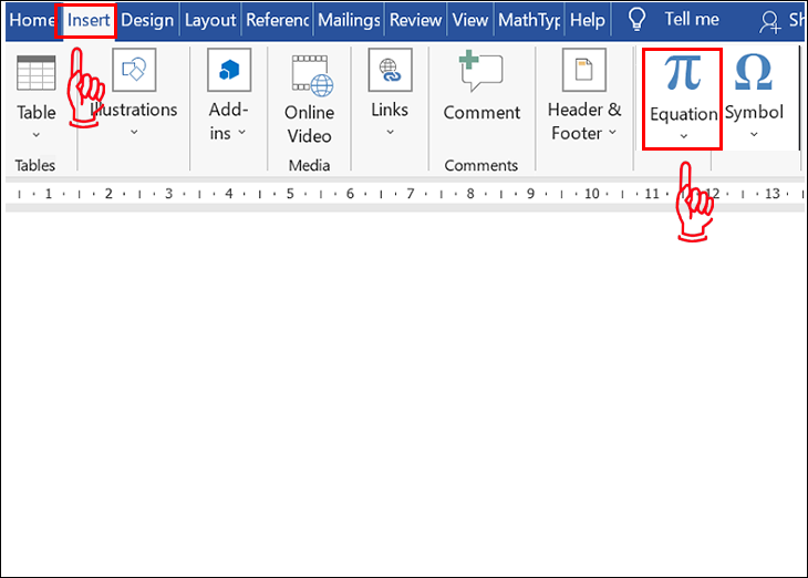  Chọn Insert, nhấp vào mũi tên ở nút Equation