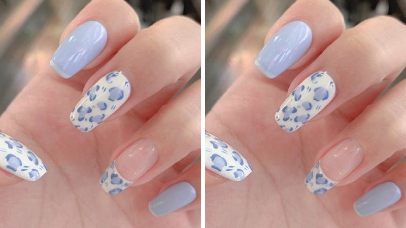 Mẫu nail họa tiết xanh lam da báo